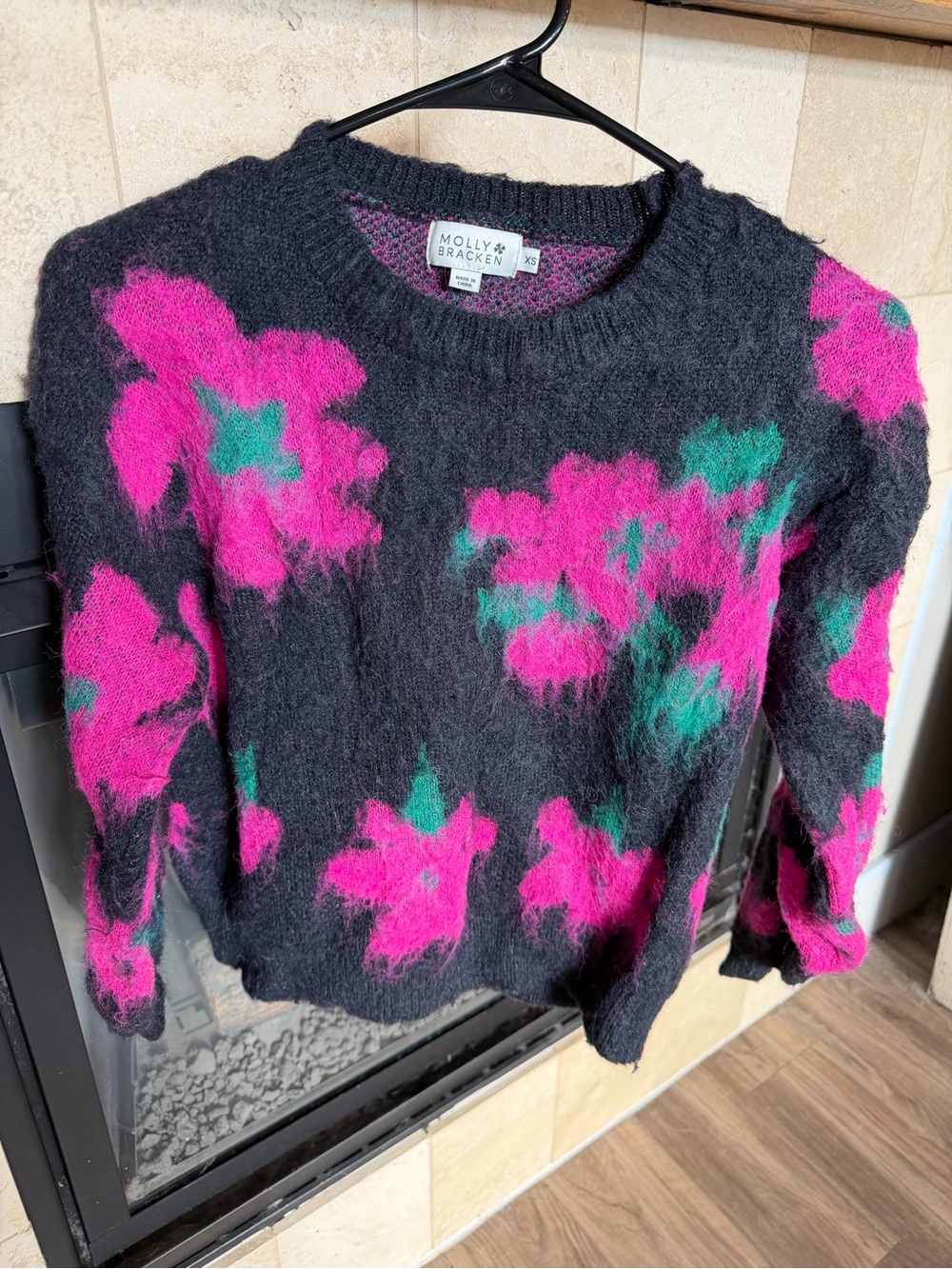 Molly Bracken Black Crewneck Sweater with Pink and Green Floral